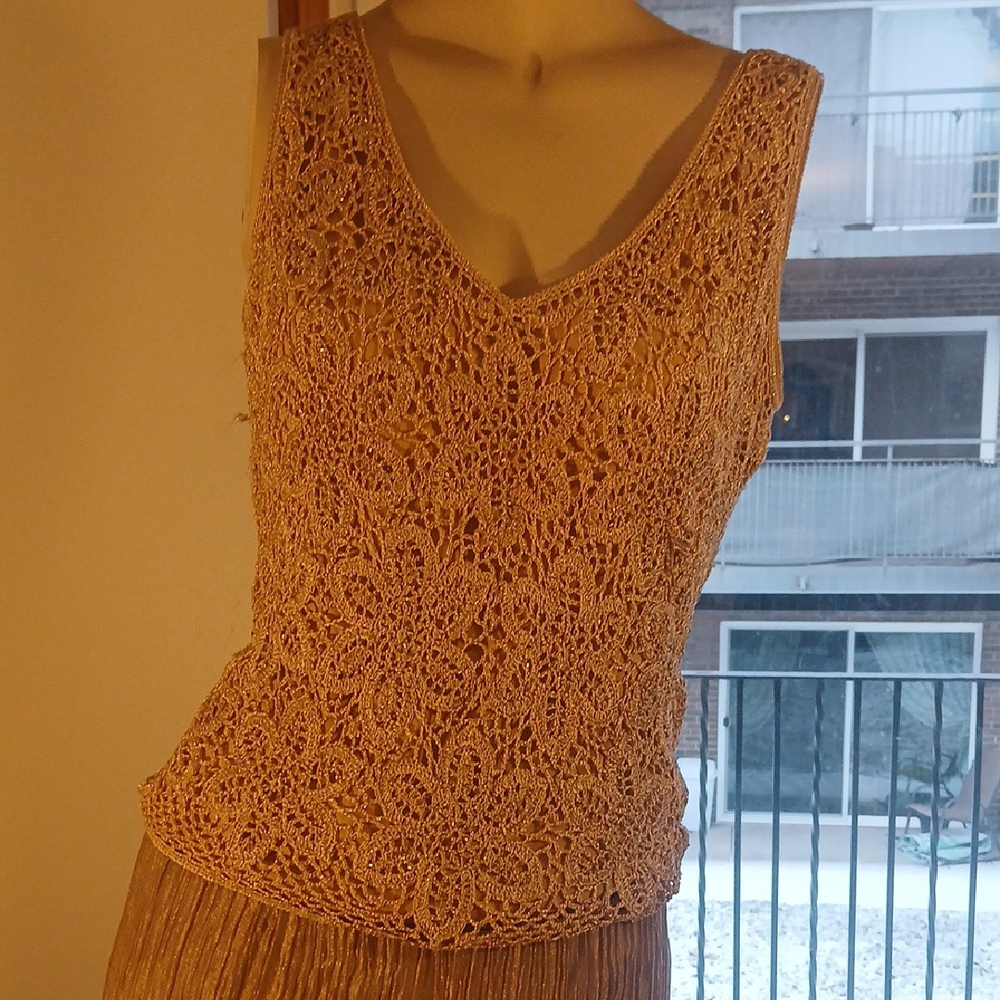 Hand crocheted silk top and Fortuny silk metallic oraganza skirt (medium)